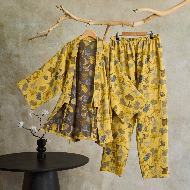 Ginkgo Cotton Gauze Kimono Loungewear Set - Light Yellow - XL - image 10