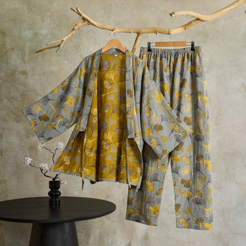 Ginkgo Cotton Gauze Kimono Loungewear Set - Light Gray - XL - image 4