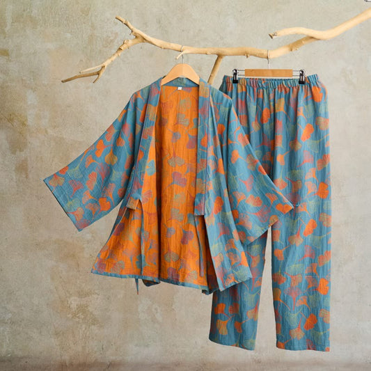 Ginkgo Cotton Gauze Kimono Loungewear Set - Blue - XL - image 0