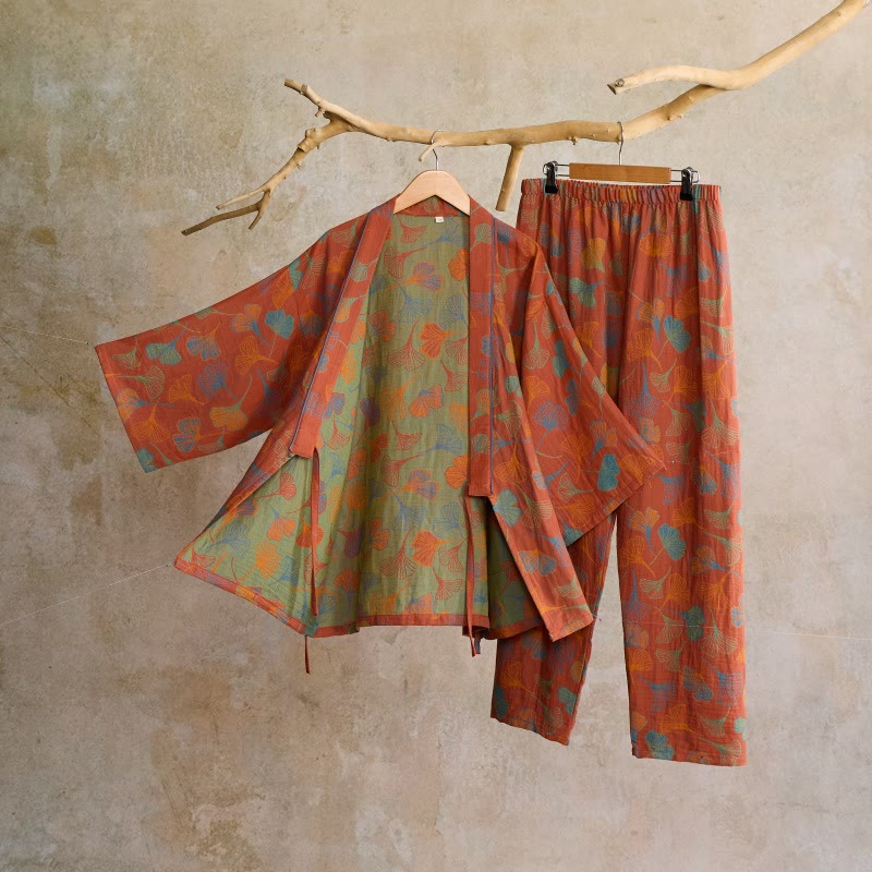 Ginkgo Cotton Gauze Kimono Loungewear Set - Wine - XL - image 11