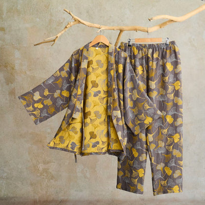 Ginkgo Cotton Gauze Kimono Loungewear Set - Dark Grey - XL - image 9