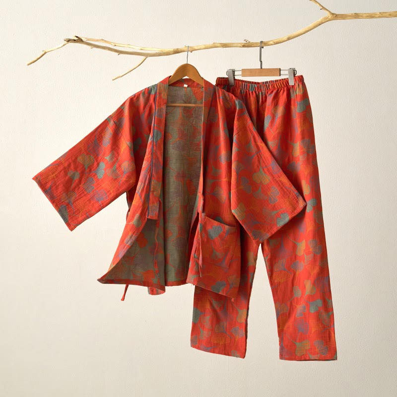 Ginkgo Cotton Gauze Kimono Loungewear Set - Orange Red - XL - image 5