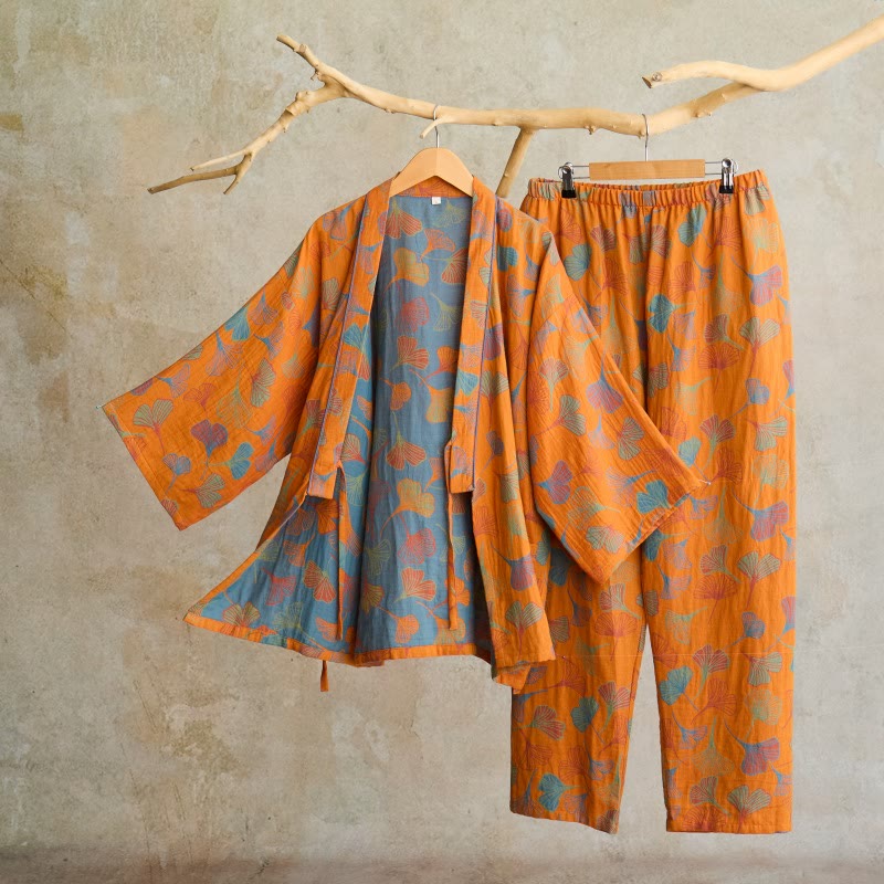 Ginkgo Cotton Gauze Kimono Loungewear Set - Orange - XL - image 2