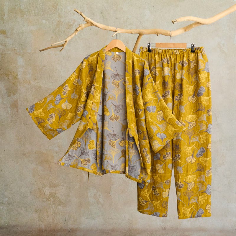 Ginkgo Cotton Gauze Kimono Loungewear Set - Dark Yellow - XL - image 6