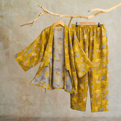 Ginkgo Cotton Gauze Kimono Loungewear Set - Dark Yellow - XL - image 6
