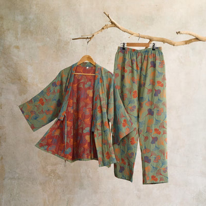 Ginkgo Cotton Gauze Kimono Loungewear Set - Green & Wine - XL - image 1