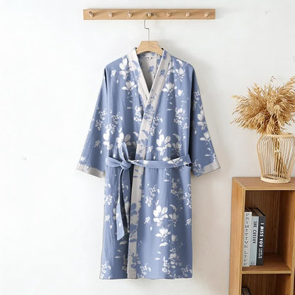 Double Gauze Elegant Floral Cotton Kimono Robe - image 8