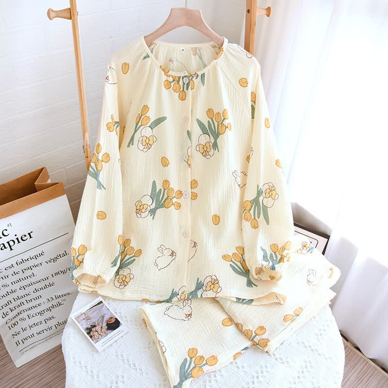Tulip & Bunny Cotton Gauze Pajama Set - Apricot - Crew Neck - XL - image 9