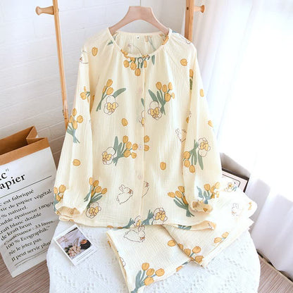 Tulip & Bunny Cotton Gauze Pajama Set - Apricot - Crew Neck - XL - image 9