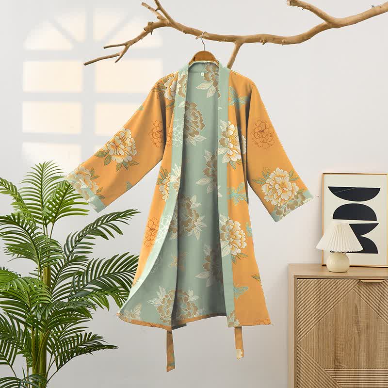 Yellow Peony Cotton Gauze Kimono Robe - image 1