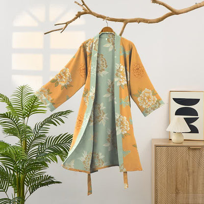 Yellow Peony Cotton Gauze Kimono Robe - image 1