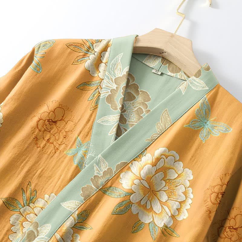 Yellow Peony Cotton Gauze Kimono Robe - image 4
