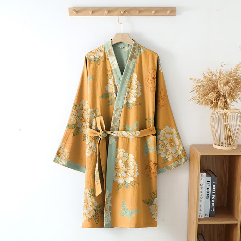 Yellow Peony Cotton Gauze Kimono Robe - image 2