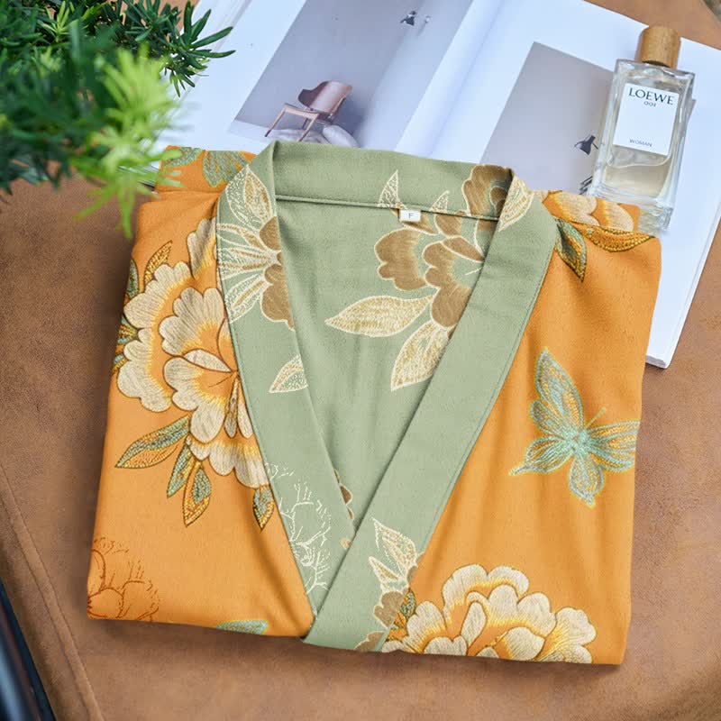 Yellow Peony Cotton Gauze Kimono Robe - image 3