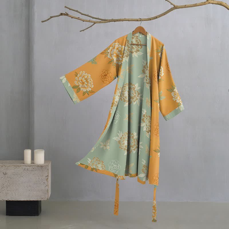 Yellow Peony Cotton Gauze Kimono Robe - Yellow - XL - image 0