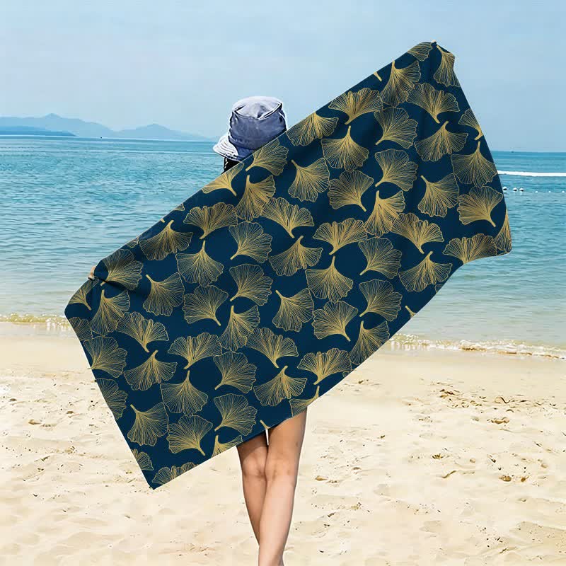 Artistic Line Art Ginkgo Beach Towel - Navy Blue - 59" x 27" - image 0