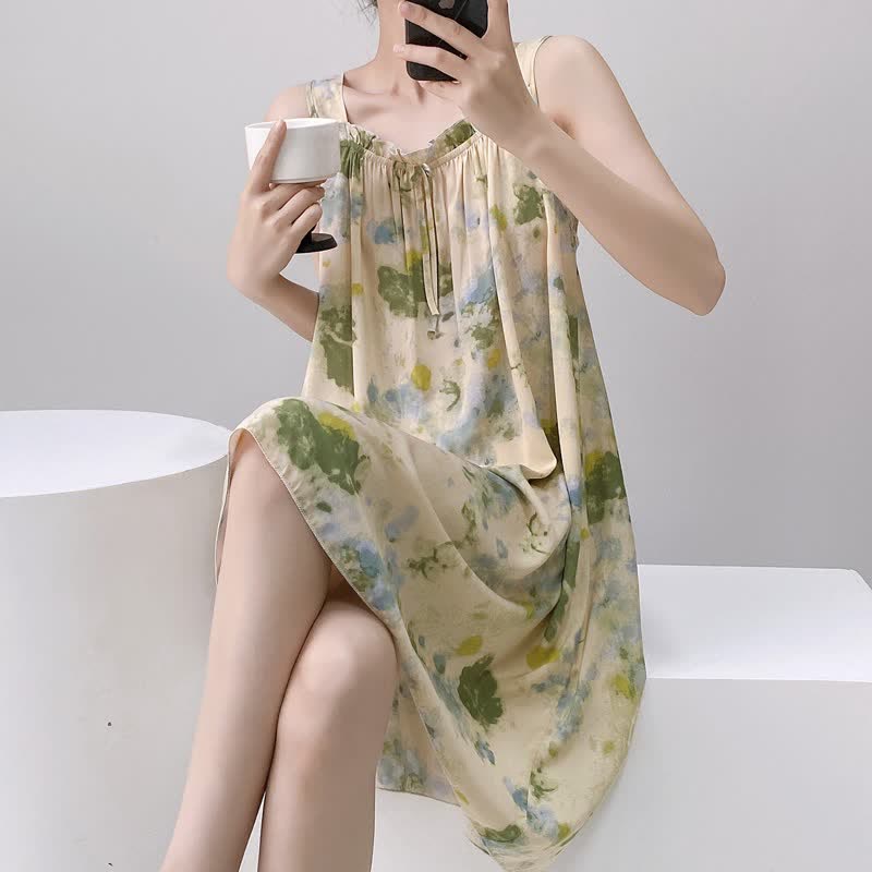Watercolor Ink Ruffle Neck Sleeveless Nightgown - image 5