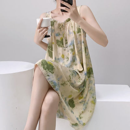 Watercolor Ink Ruffle Neck Sleeveless Nightgown - image 5