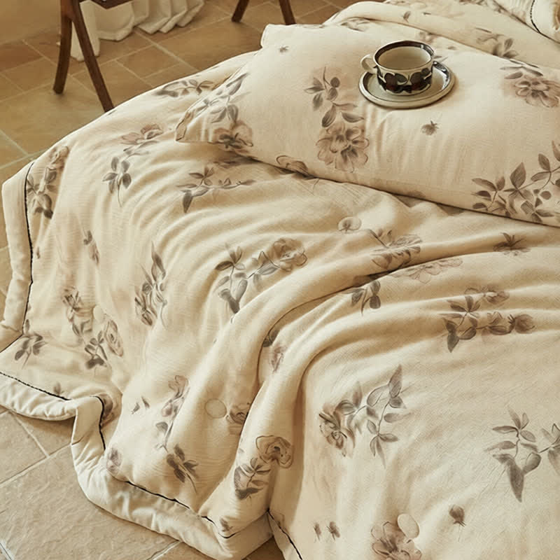Soft Watercolor Floral Cotton Linen Quilt - image 7