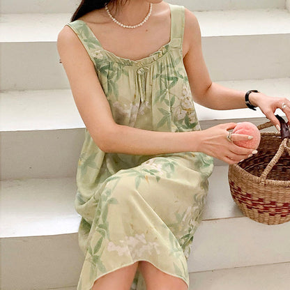 Green Leaf & Floral Sleeveless Nightgown - image 2
