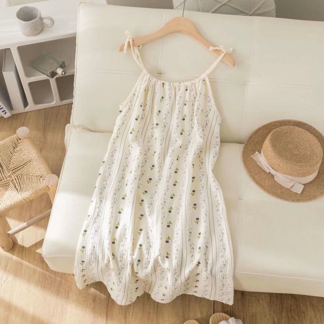 Striped Floral Cotton Gauze Camisole Nightgown - image 1