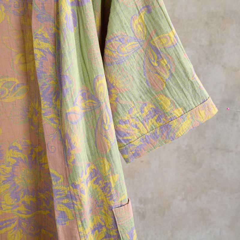 Artistic Floral Short Sleeve Cotton Robe - image 6
