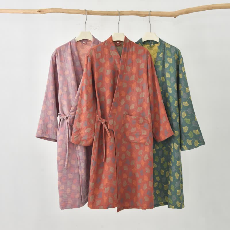 Ginkgo Leaf Cotton Gauze Yukata Robe - image 0