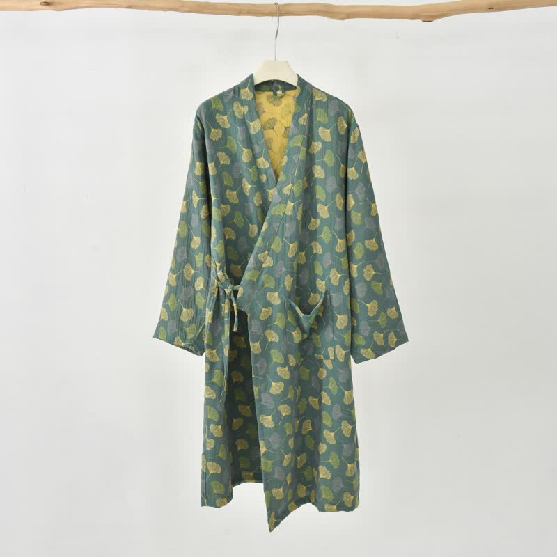 Ginkgo Leaf Cotton Gauze Yukata Robe - Green - XXL - image 16
