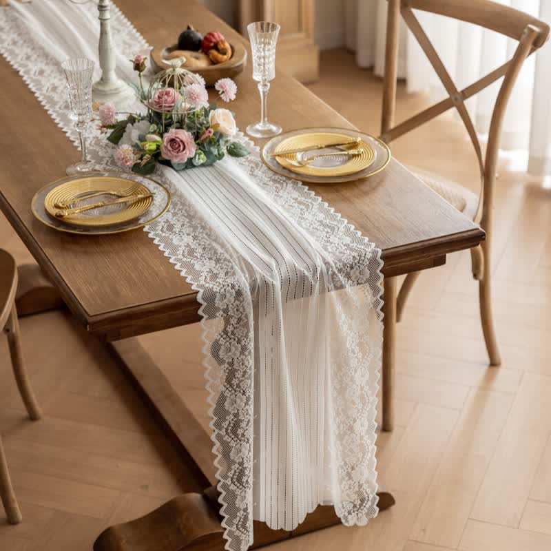 Floral Jacquard Lace Table Runner - White - 17'' × 118'' - image 0