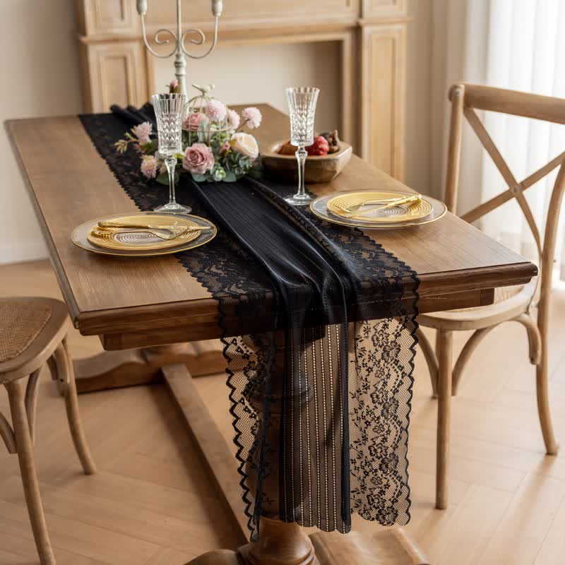 Floral Jacquard Lace Table Runner - Black - 17'' × 118'' - image 3
