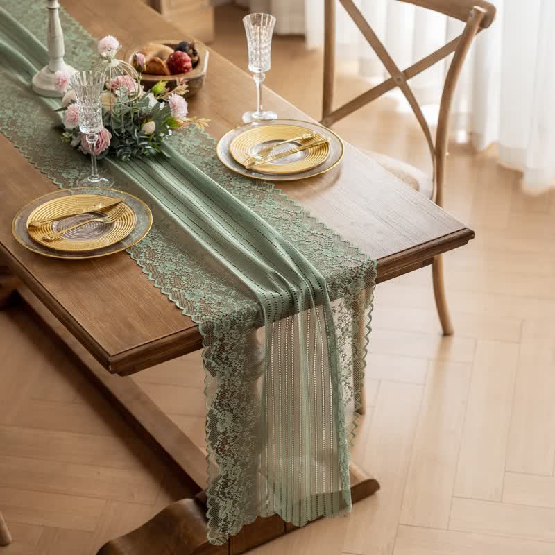 Floral Jacquard Lace Table Runner - Green - 17'' × 118'' - image 8