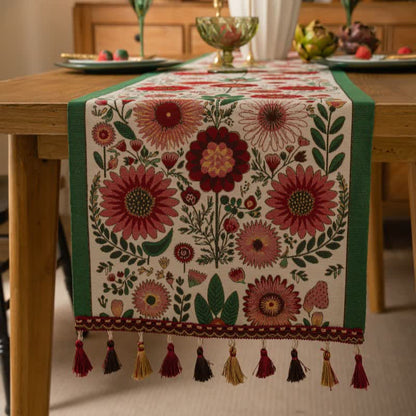 Pink Floral Jacquard Tassel Table Runner - image 1