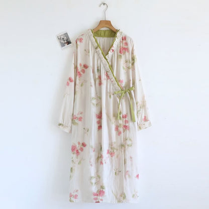 Watercolor Floral Cotton Gauze Kimono Nightgown - Green - L - image 0