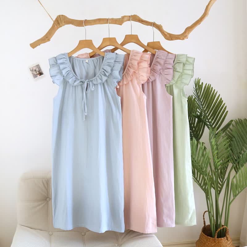 Cotton Gauze Solid Flutter Sleeve Nightdress - image 1