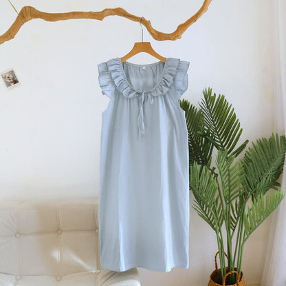 Cotton Gauze Solid Flutter Sleeve Nightdress - Blue - XL - image 14