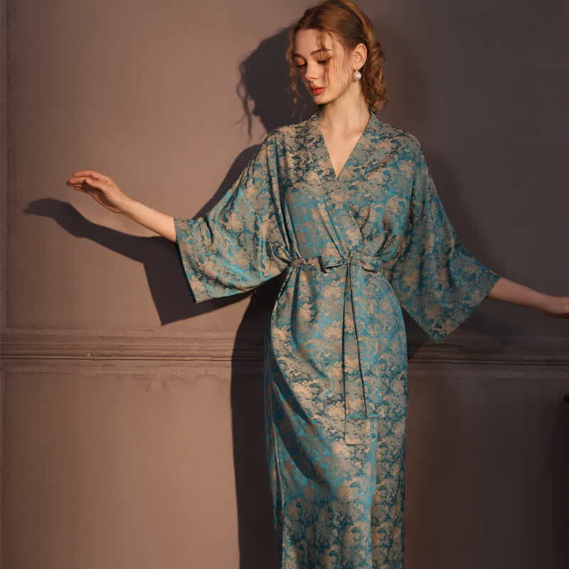 Vintage Pattern 3/4 Sleeve Kimono Robe - Teal - Plus Size - image 0
