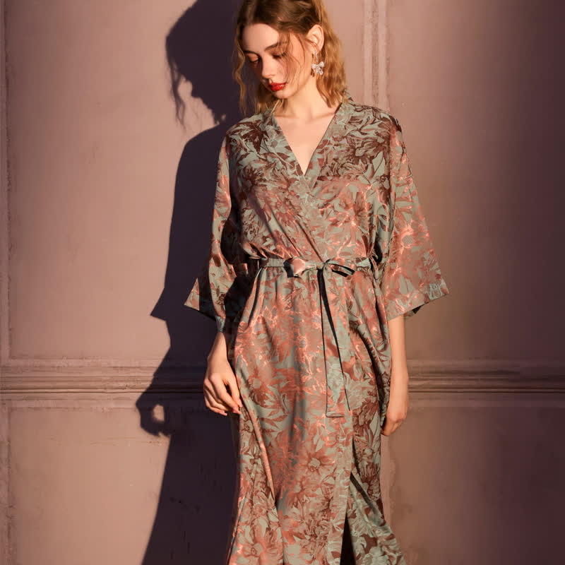 Artistc Floral Inspired 3/4 Sleeve Robe - Red & Green - Plus Size - image 0