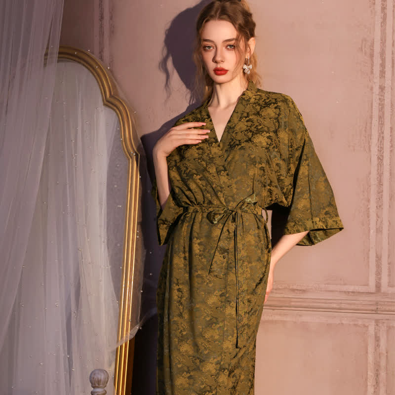 Artistc Jacquard Inspired 3/4 Sleeve Robe - Olive Green - Plus Size - image 0