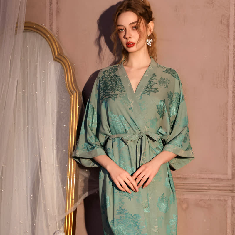 Luxury Floral 3/4 Sleeve Kimono Robe - Green - Plus Size - image 0