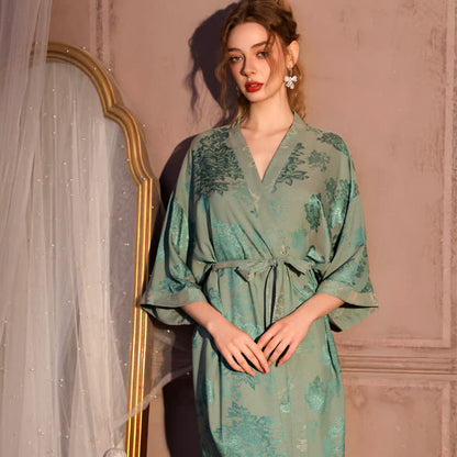 Luxury Floral 3/4 Sleeve Kimono Robe - Green - Plus Size - image 0