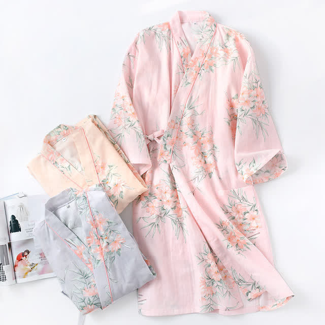 Pink Floral Cotton Gauze Kimono Robe - image 0