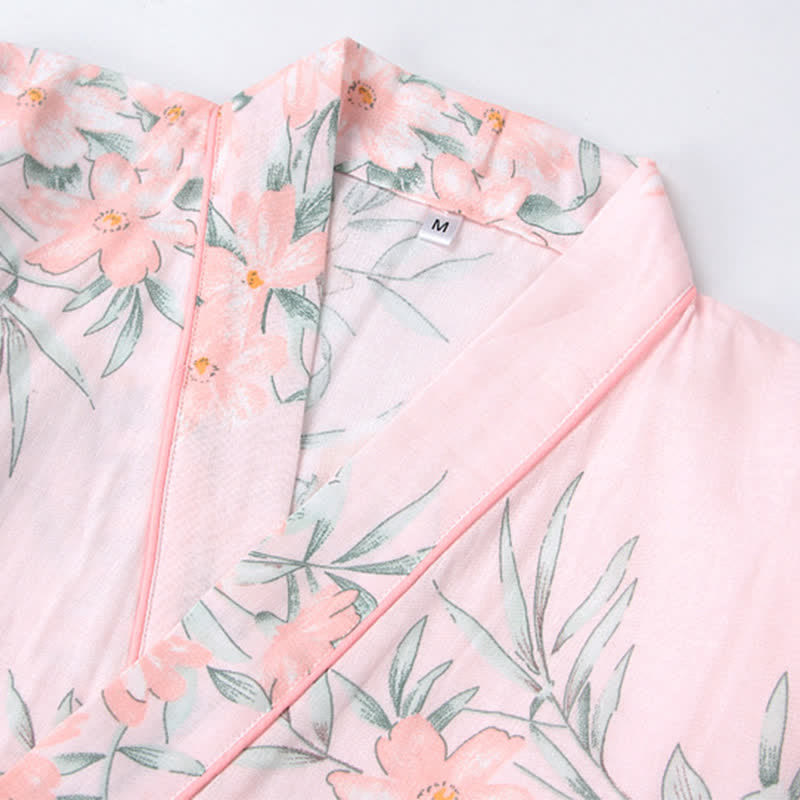 Pink Floral Cotton Gauze Kimono Robe - image 3