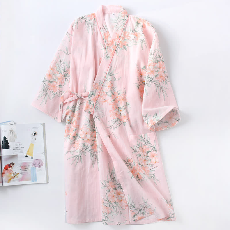 Pink Floral Cotton Gauze Kimono Robe - Pink - L - image 2