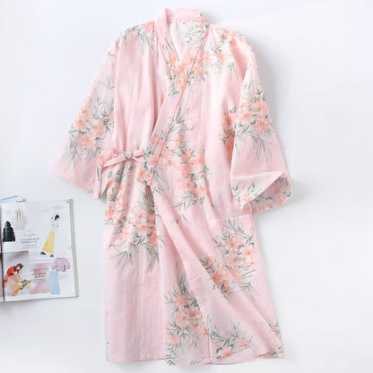 Pink Floral Cotton Gauze Kimono Robe - Pink - L - image 2