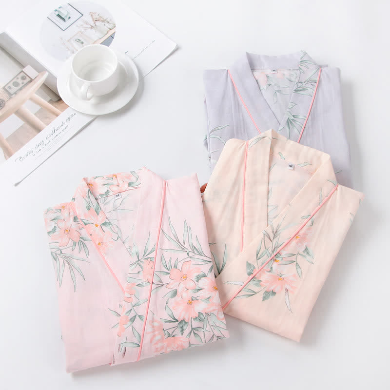 Pink Floral Cotton Gauze Kimono Robe - image 1