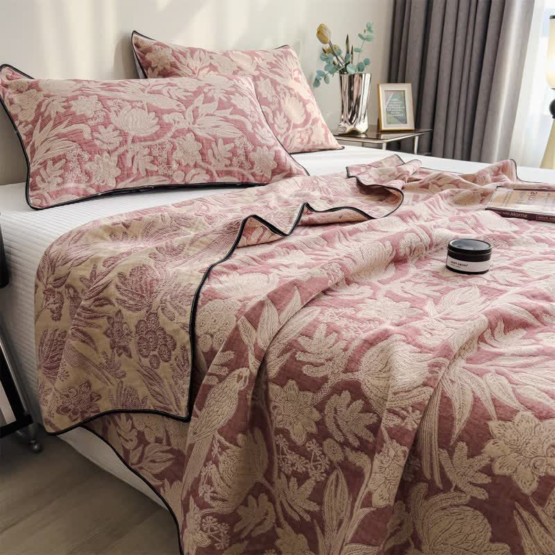 Floral & Leaf Cotton Gauze Quilt Blanket - Pink - 2PCS Pillowcases - 19" x 29" - image 0