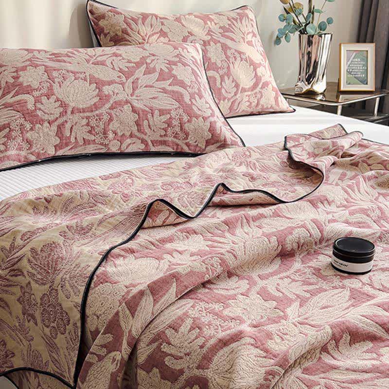 Floral & Leaf Cotton Gauze Quilt Blanket - image 1