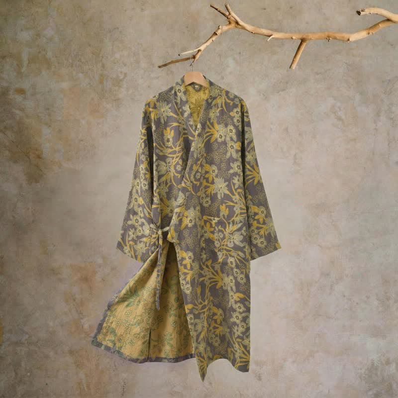 Pastoral Floral Jacquard Kimono Cotton Robe - Brown - XXL - image 18