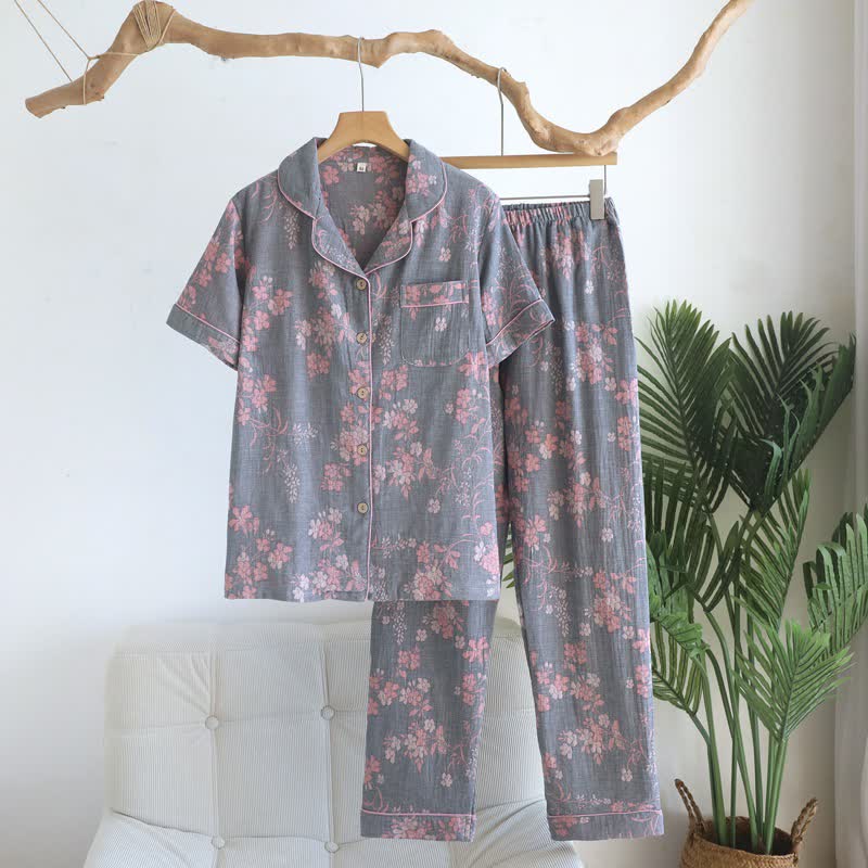 Branch & Floral Pure Cotton Pajama Set - Grey - XL - image 15