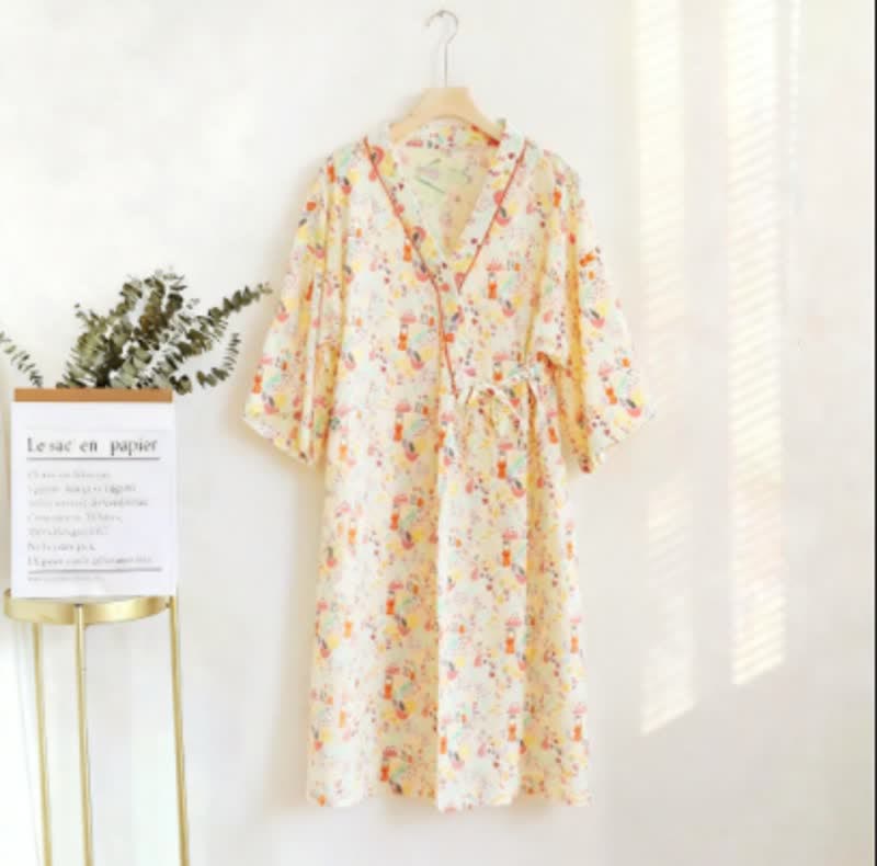 Cute Bunny & Moon Kimono Nightdress - Beige - XXL - image 0
